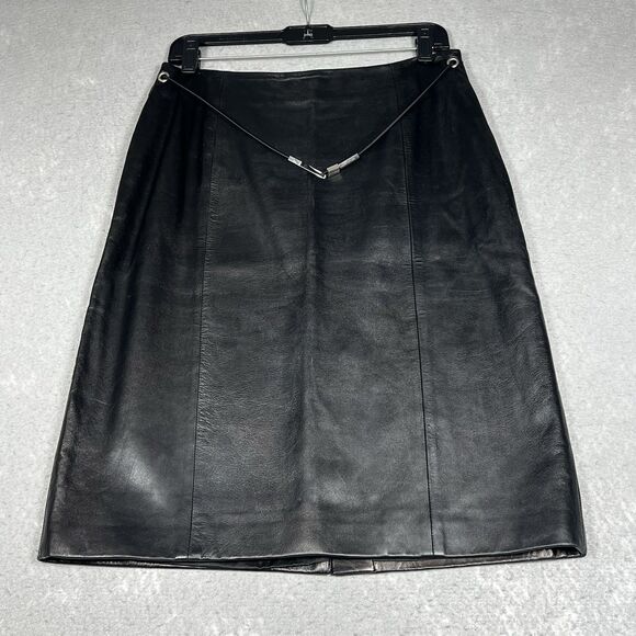 Prada Skirt Womens Size 44 Black Pencil Leather Belted Made In Italy - Picture 1 of 14
